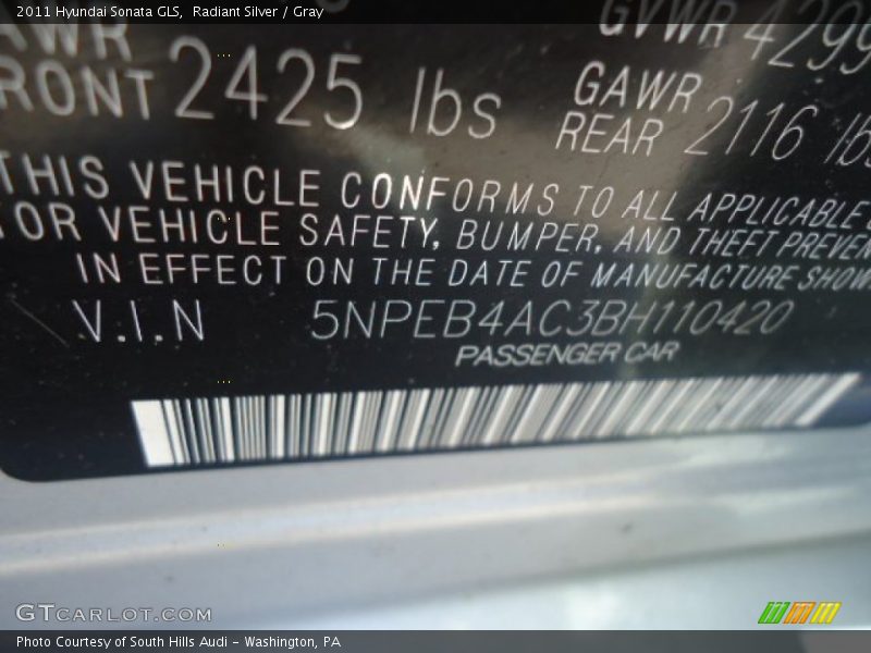 Radiant Silver / Gray 2011 Hyundai Sonata GLS