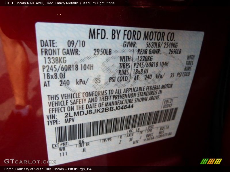 2011 MKX AWD Red Candy Metallic Color Code U6