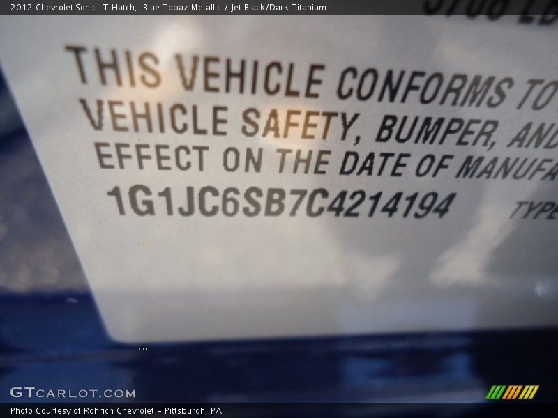 Blue Topaz Metallic / Jet Black/Dark Titanium 2012 Chevrolet Sonic LT Hatch