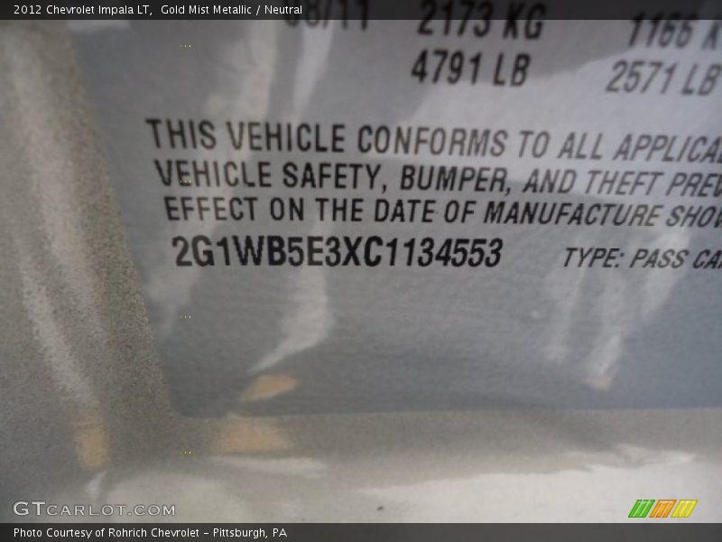 Gold Mist Metallic / Neutral 2012 Chevrolet Impala LT