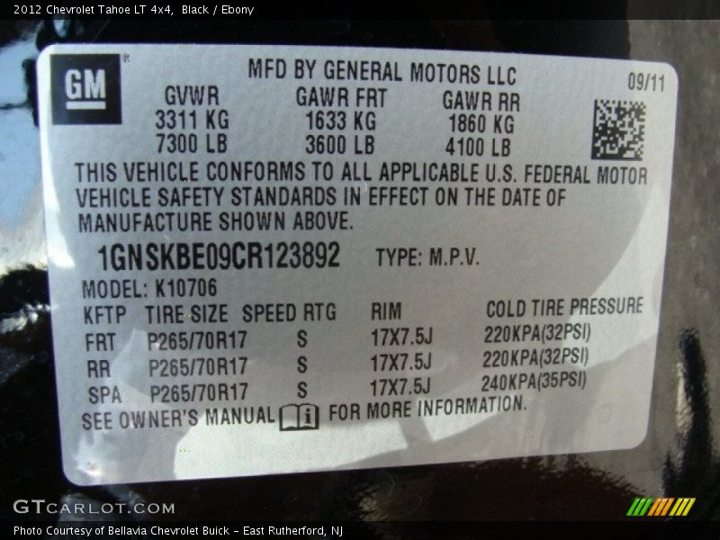 Black / Ebony 2012 Chevrolet Tahoe LT 4x4