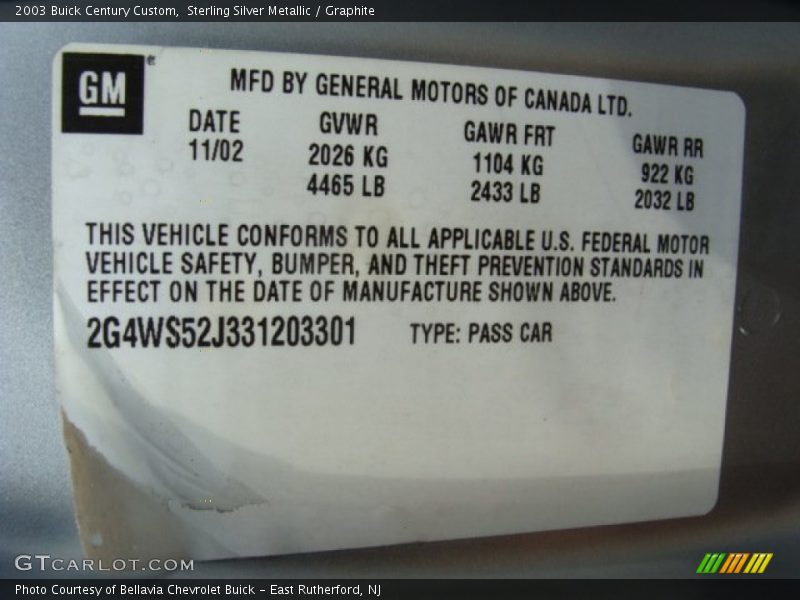 Sterling Silver Metallic / Graphite 2003 Buick Century Custom