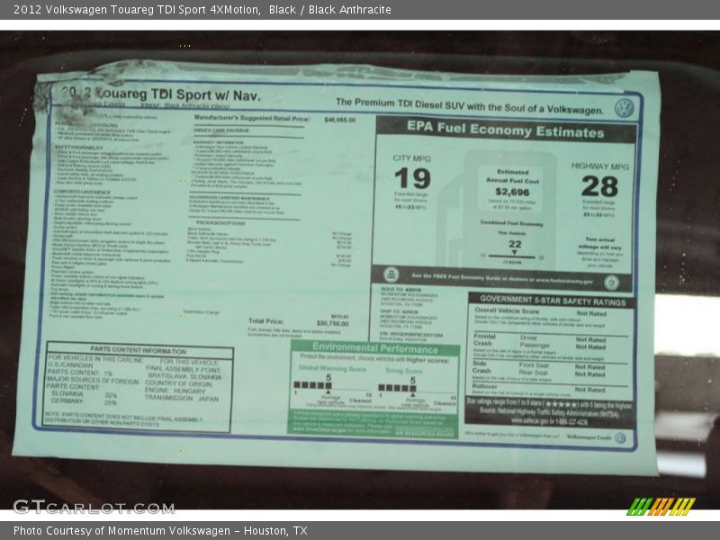 Black / Black Anthracite 2012 Volkswagen Touareg TDI Sport 4XMotion