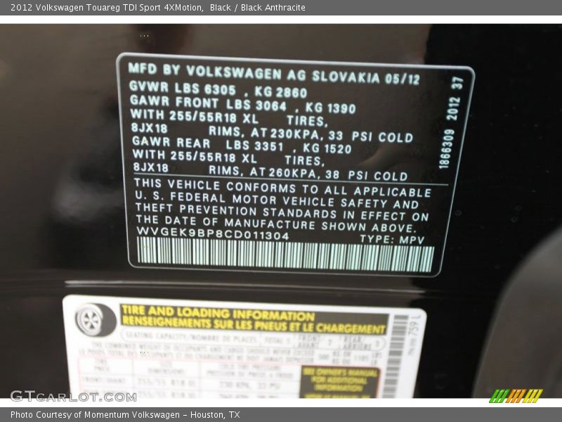 Black / Black Anthracite 2012 Volkswagen Touareg TDI Sport 4XMotion