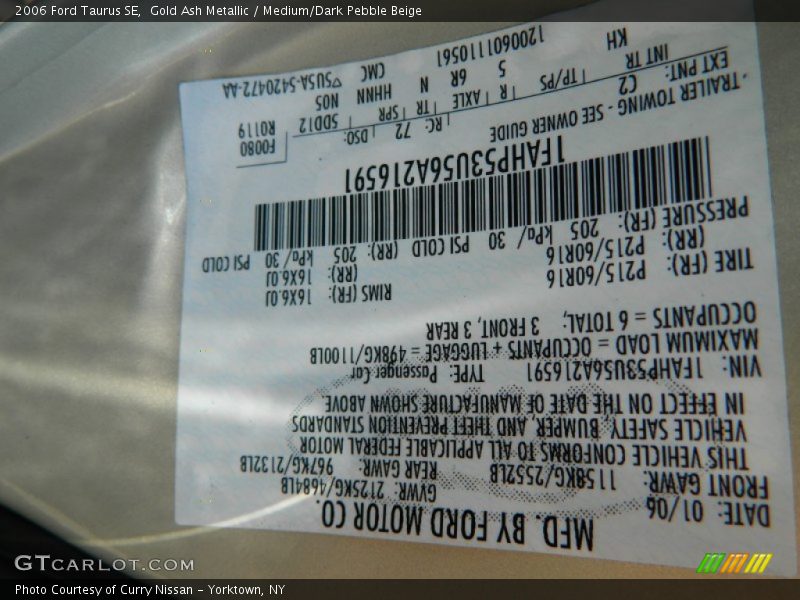 Gold Ash Metallic / Medium/Dark Pebble Beige 2006 Ford Taurus SE