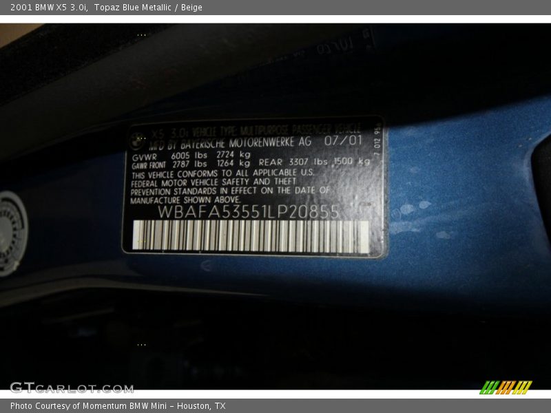 Topaz Blue Metallic / Beige 2001 BMW X5 3.0i