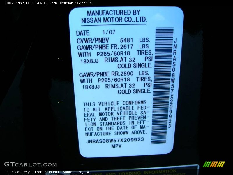 Black Obsidian / Graphite 2007 Infiniti FX 35 AWD