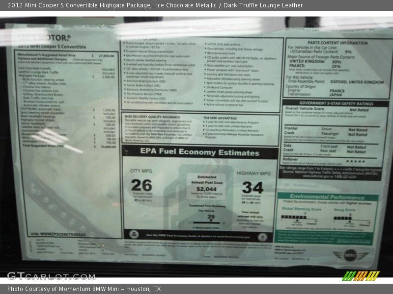  2012 Cooper S Convertible Highgate Package Window Sticker