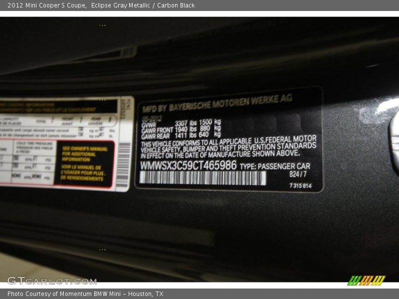 Eclipse Gray Metallic / Carbon Black 2012 Mini Cooper S Coupe