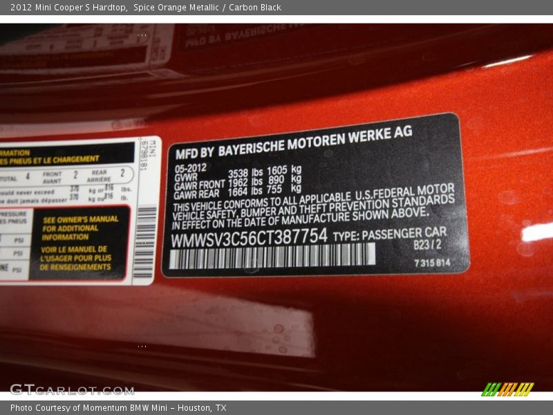 Spice Orange Metallic / Carbon Black 2012 Mini Cooper S Hardtop