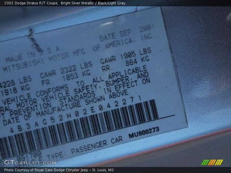 Bright Silver Metallic / Black/Light Gray 2002 Dodge Stratus R/T Coupe