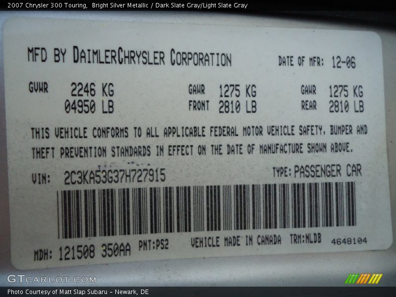 Bright Silver Metallic / Dark Slate Gray/Light Slate Gray 2007 Chrysler 300 Touring
