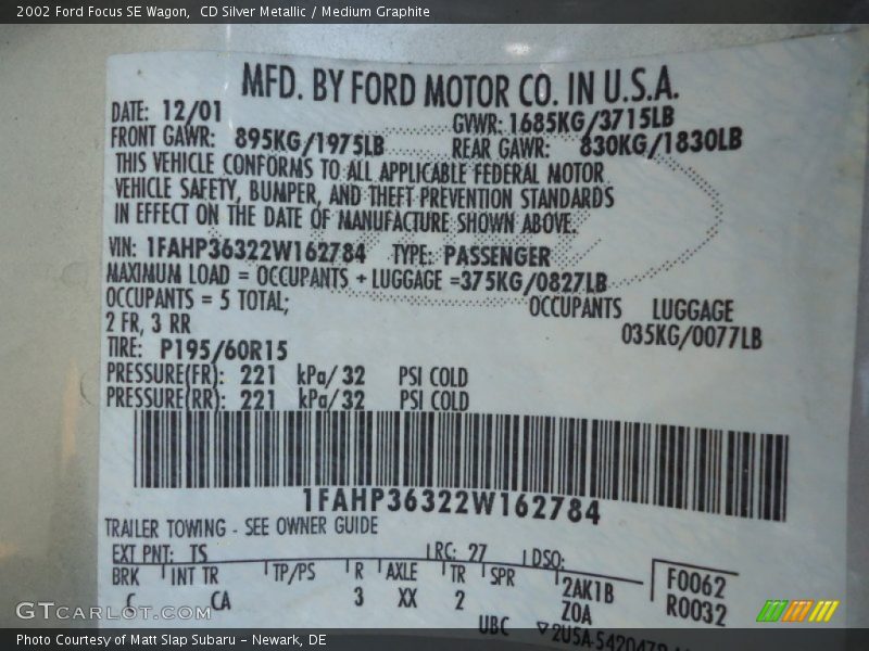 2002 Focus SE Wagon CD Silver Metallic Color Code TS