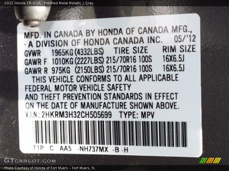 2012 CR-V LX Polished Metal Metallic Color Code NH737MX