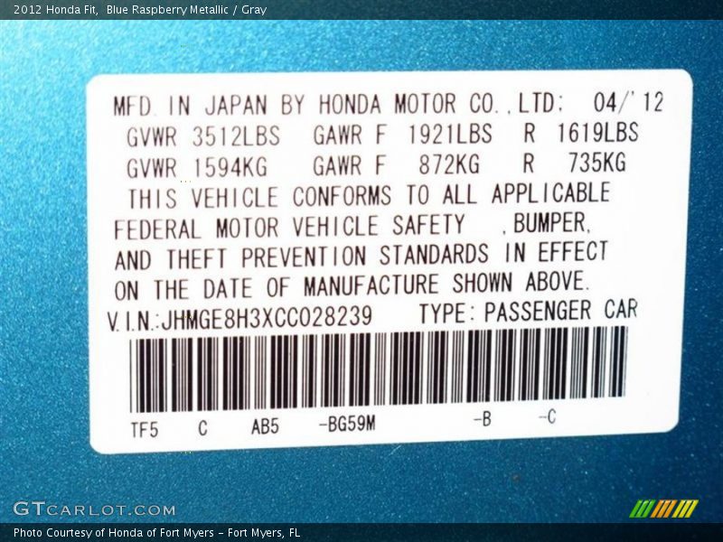2012 Fit  Blue Raspberry Metallic Color Code BG59M