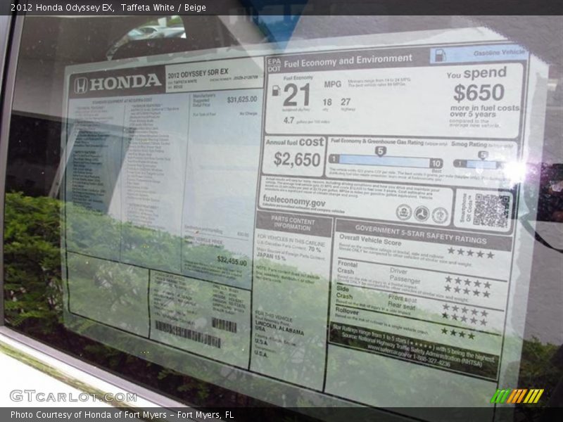 Taffeta White / Beige 2012 Honda Odyssey EX
