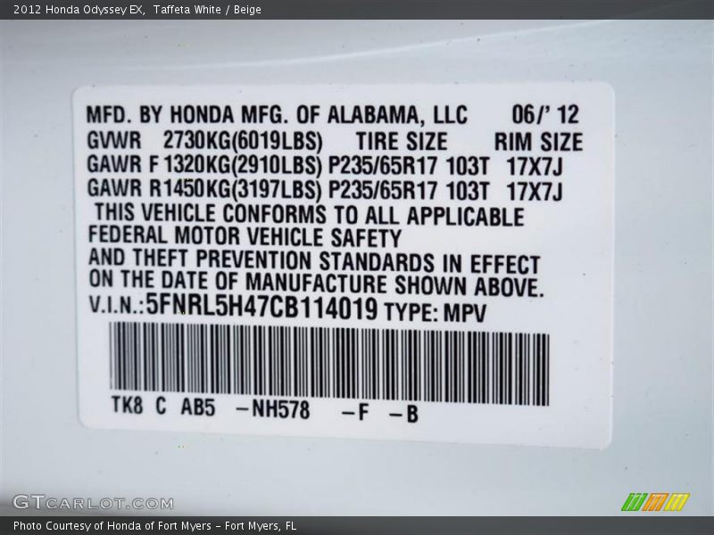 Taffeta White / Beige 2012 Honda Odyssey EX