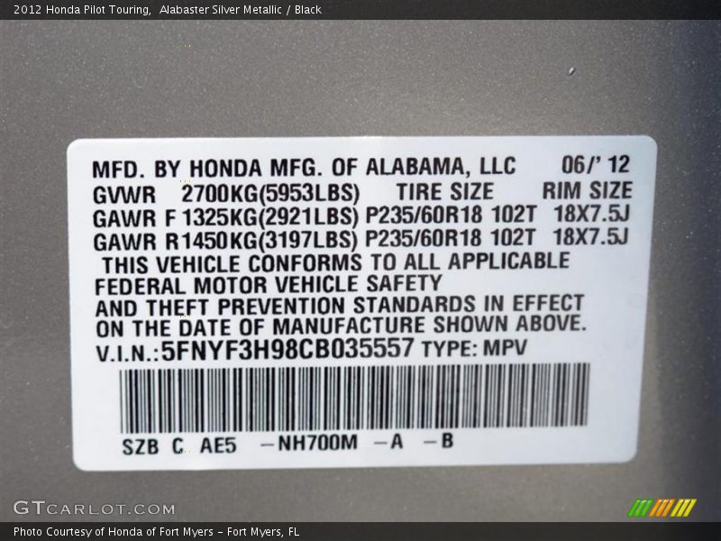 Alabaster Silver Metallic / Black 2012 Honda Pilot Touring