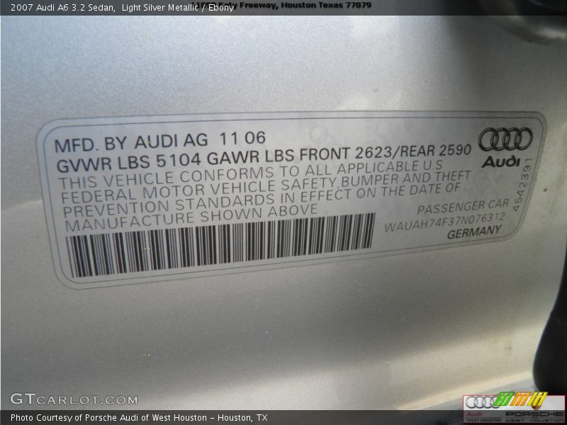 Light Silver Metallic / Ebony 2007 Audi A6 3.2 Sedan