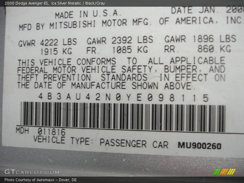 Ice Silver Metallic / Black/Gray 2000 Dodge Avenger ES