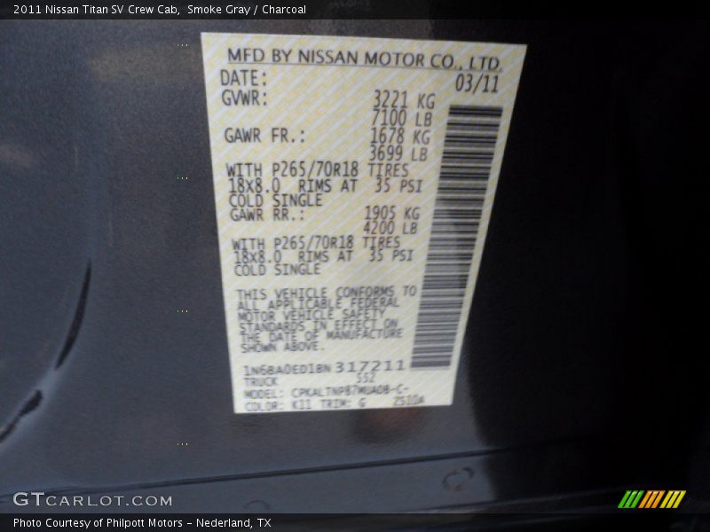 Smoke Gray / Charcoal 2011 Nissan Titan SV Crew Cab
