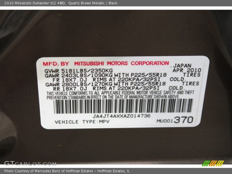 Quartz Brown Metallic / Black 2010 Mitsubishi Outlander XLS 4WD