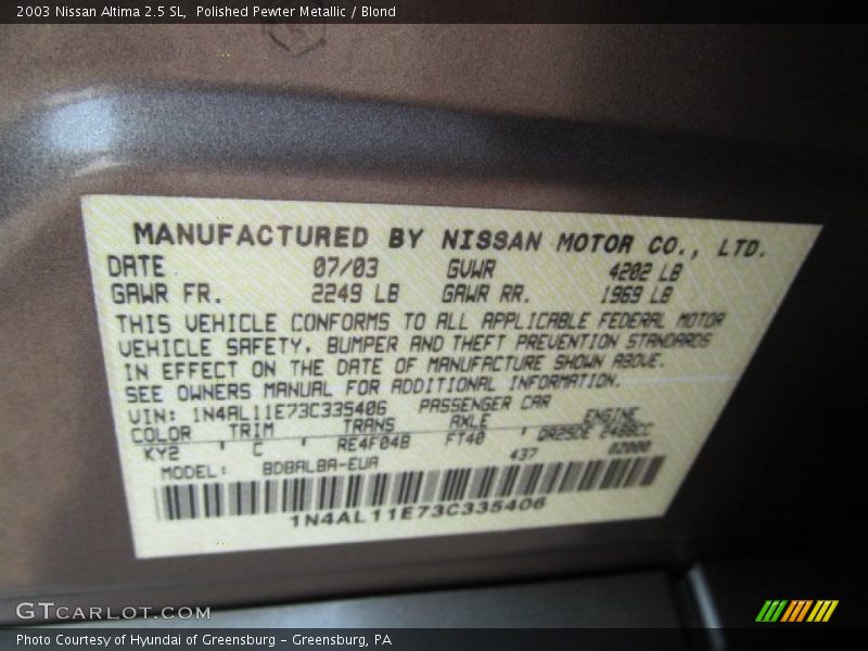 Polished Pewter Metallic / Blond 2003 Nissan Altima 2.5 SL