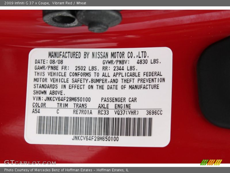 2009 G 37 x Coupe Vibrant Red Color Code A54