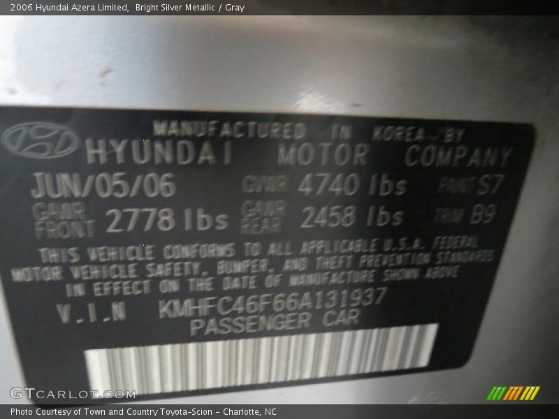 Bright Silver Metallic / Gray 2006 Hyundai Azera Limited