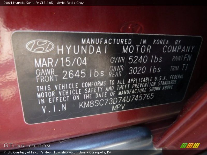 2004 Santa Fe GLS 4WD Merlot Red Color Code FN