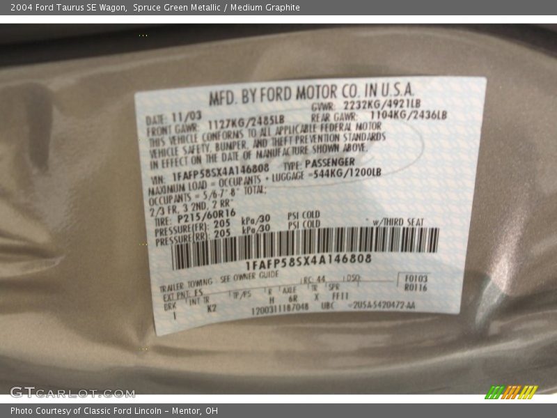 2004 Taurus SE Wagon Spruce Green Metallic Color Code FS