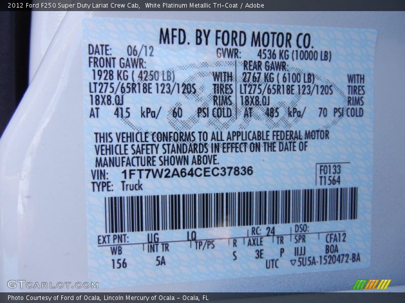 2012 F250 Super Duty Lariat Crew Cab White Platinum Metallic Tri-Coat Color Code UG