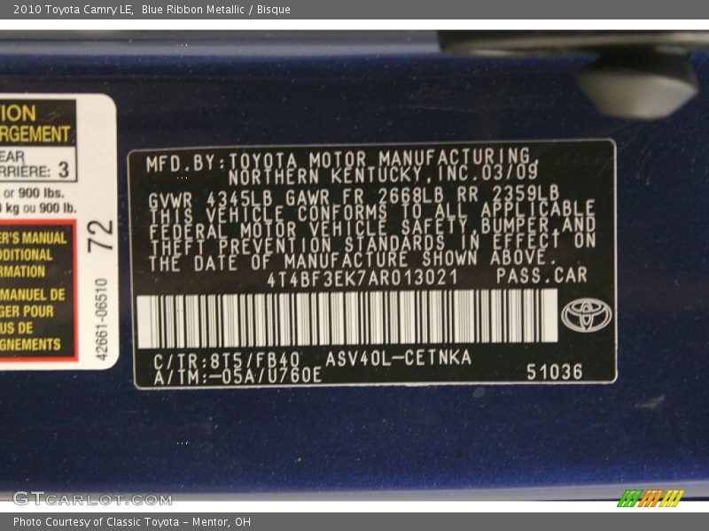 Blue Ribbon Metallic / Bisque 2010 Toyota Camry LE