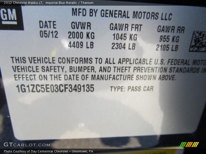 Imperial Blue Metallic / Titanium 2012 Chevrolet Malibu LT
