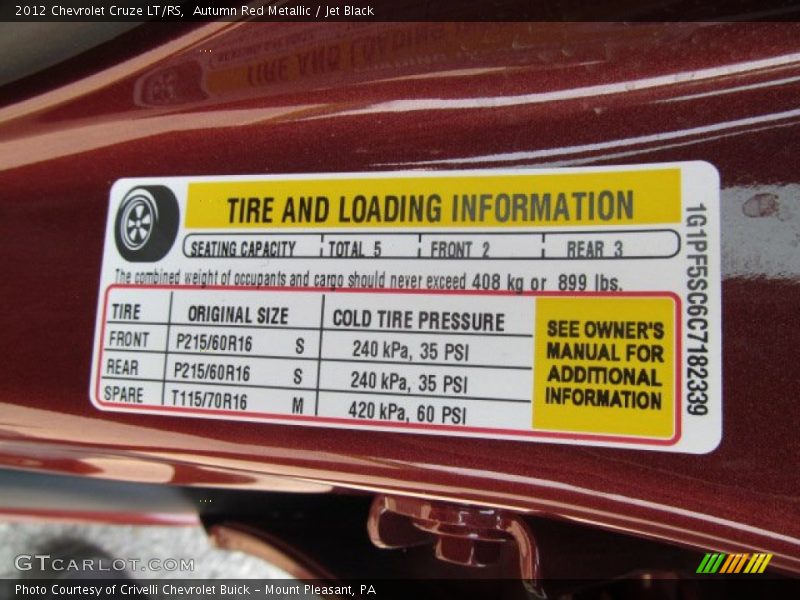 Info Tag of 2012 Cruze LT/RS