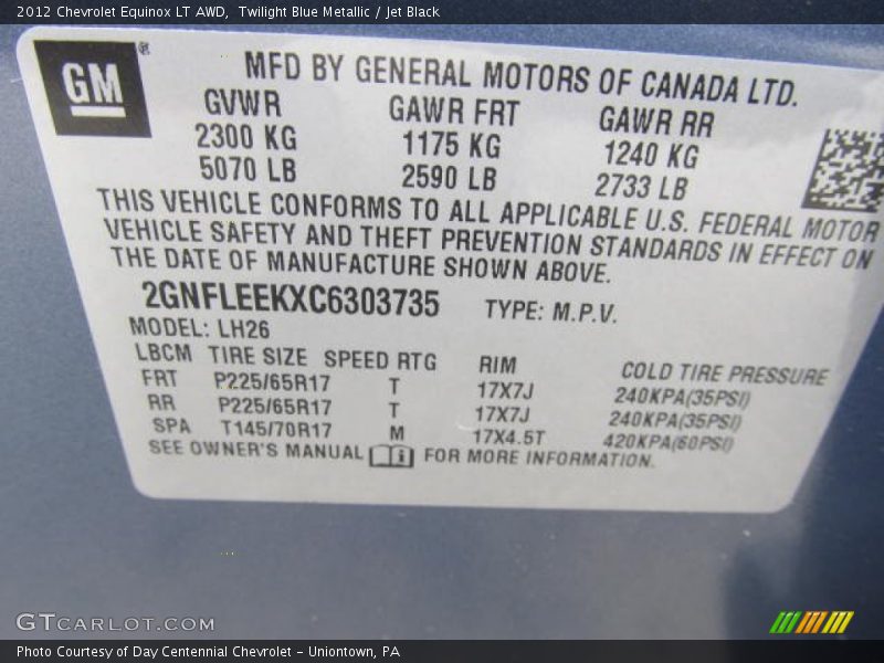 Twilight Blue Metallic / Jet Black 2012 Chevrolet Equinox LT AWD