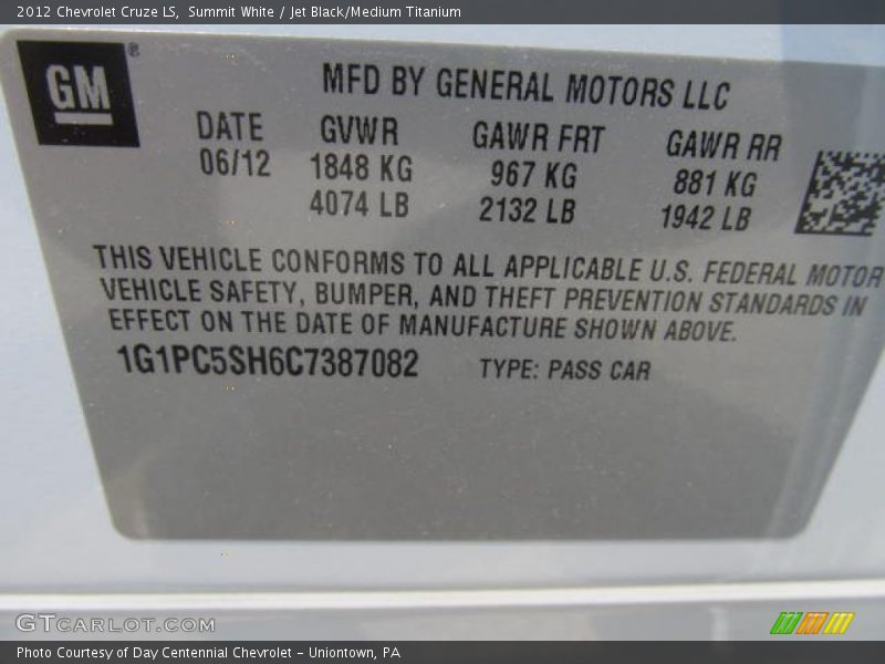 Summit White / Jet Black/Medium Titanium 2012 Chevrolet Cruze LS
