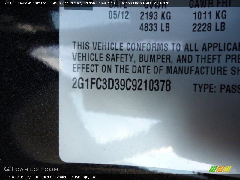 Carbon Flash Metallic / Black 2012 Chevrolet Camaro LT 45th Anniversary Edition Convertible