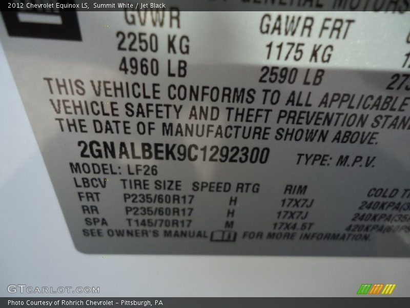 Summit White / Jet Black 2012 Chevrolet Equinox LS