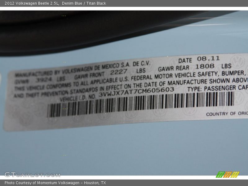 Denim Blue / Titan Black 2012 Volkswagen Beetle 2.5L