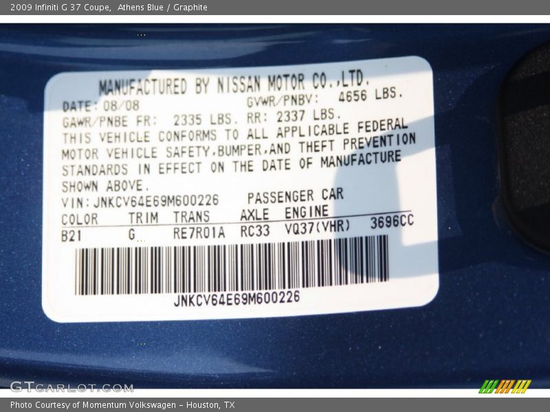 2009 G 37 Coupe Athens Blue Color Code B21