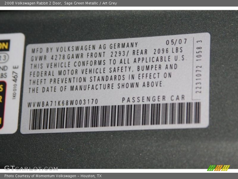 Sage Green Metallic / Art Grey 2008 Volkswagen Rabbit 2 Door