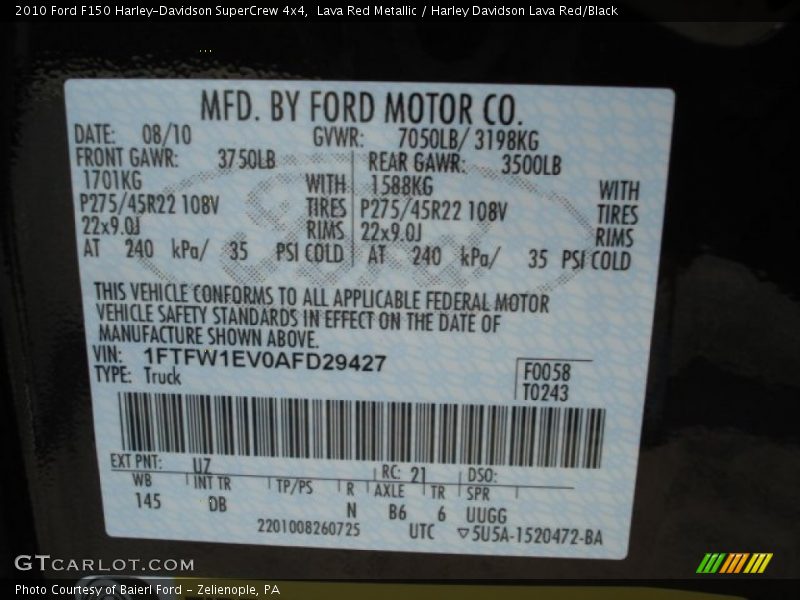 2010 F150 Harley-Davidson SuperCrew 4x4 Lava Red Metallic Color Code UZ
