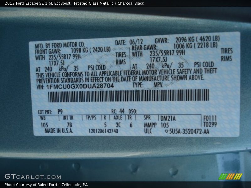 2013 Escape SE 1.6L EcoBoost Frosted Glass Metallic Color Code P9