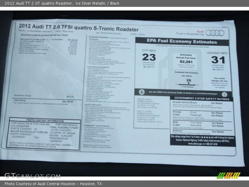  2012 TT 2.0T quattro Roadster Window Sticker