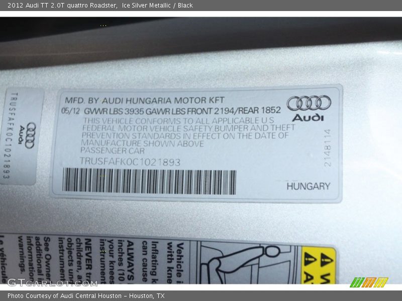 Info Tag of 2012 TT 2.0T quattro Roadster