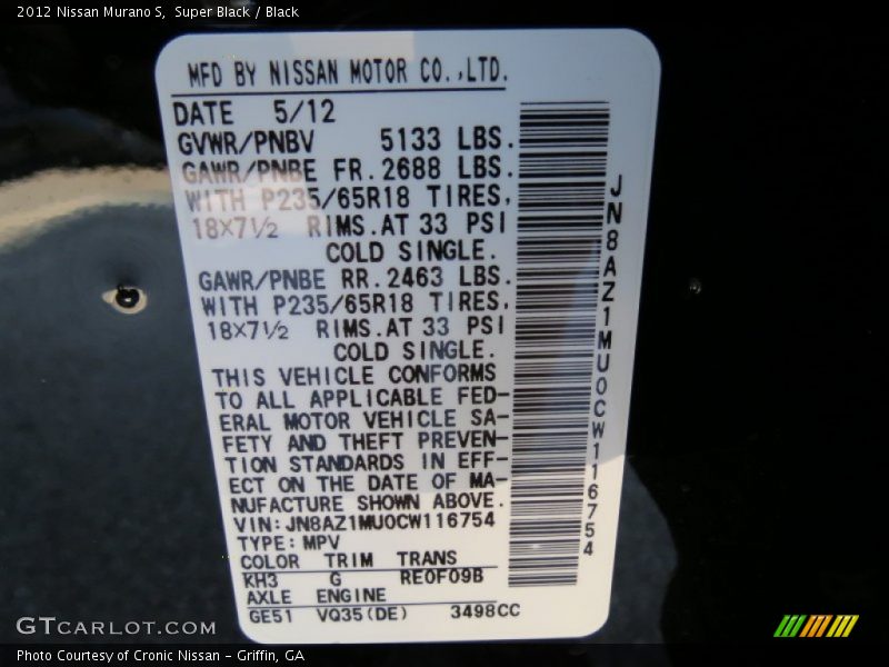 Super Black / Black 2012 Nissan Murano S