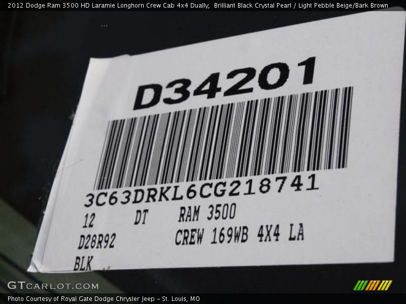 Brilliant Black Crystal Pearl / Light Pebble Beige/Bark Brown 2012 Dodge Ram 3500 HD Laramie Longhorn Crew Cab 4x4 Dually