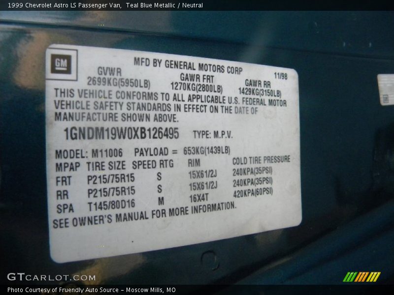 Teal Blue Metallic / Neutral 1999 Chevrolet Astro LS Passenger Van
