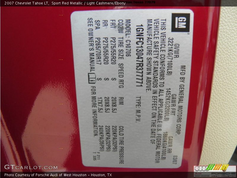 Sport Red Metallic / Light Cashmere/Ebony 2007 Chevrolet Tahoe LT